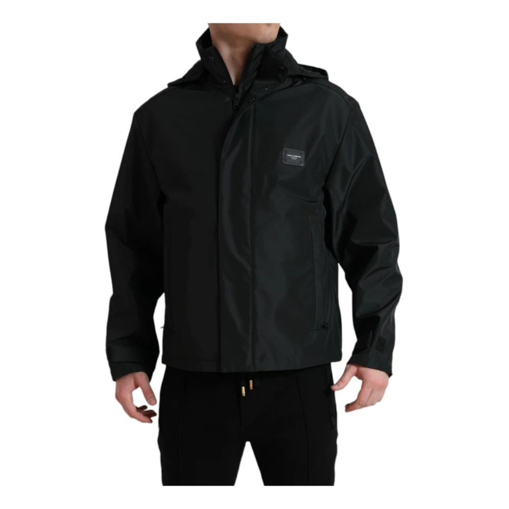 Dolce & Gabbana Men's Black Jackets, Male,, Logo Plaque Hooded Jacket Extra Large
