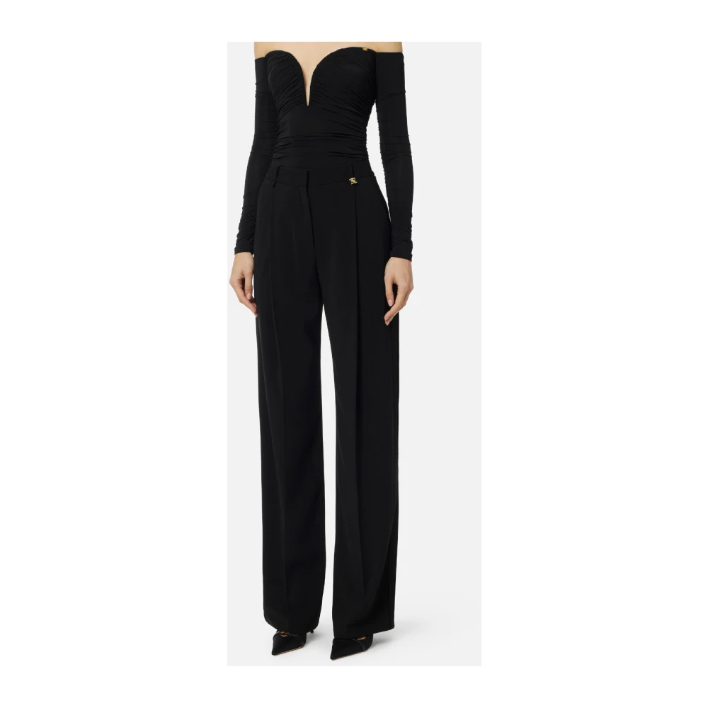 Elisabetta Franchi Black Wide Trousers, Female, L, Lightweight Crêpe Trousers With Logo Charm