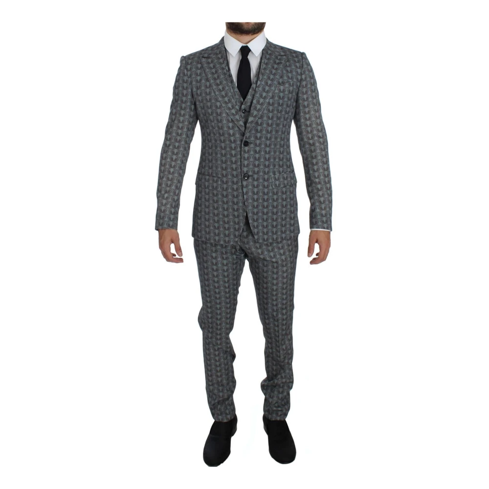 Dolce & Gabbana Stijlvol Uilprint Wollen Pak Blue Heren