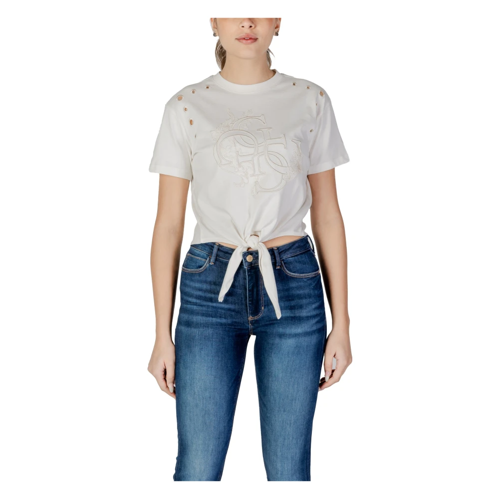 Guess Beige Katoenen T-shirt met Korte Mouwen Beige Dames