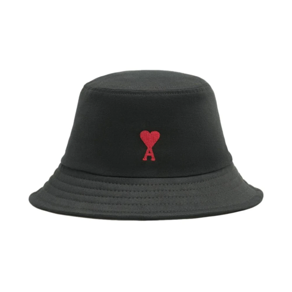 Ami Paris Zwarte Katoenen Logo Geborduurde Platte Rand Hoed Black Heren