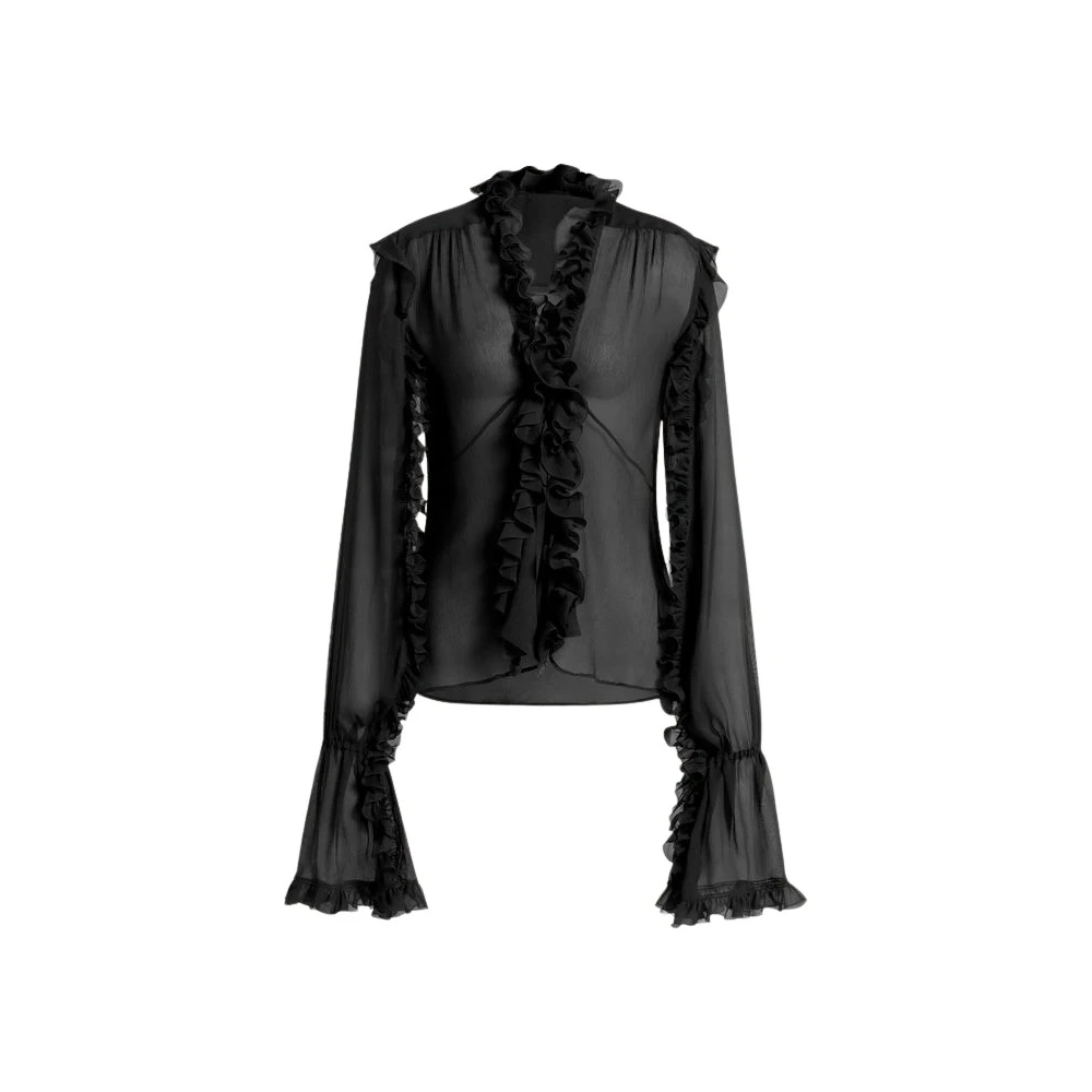 Alberta Ferretti Women's Black Blouses, S, Silk Georgette Ruffle Blouse