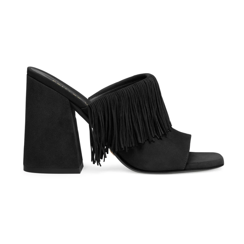 Stuart Weitzman Women's Black Heeled Mules, 7 Uk, Striking Fringe Slide Sandal
