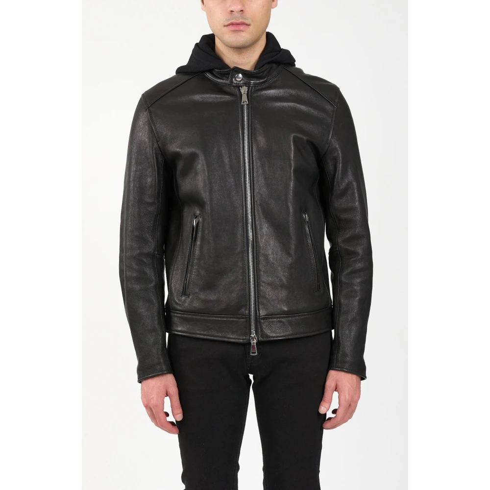 Dondup Leren Bikerjack met capuchon Black Heren