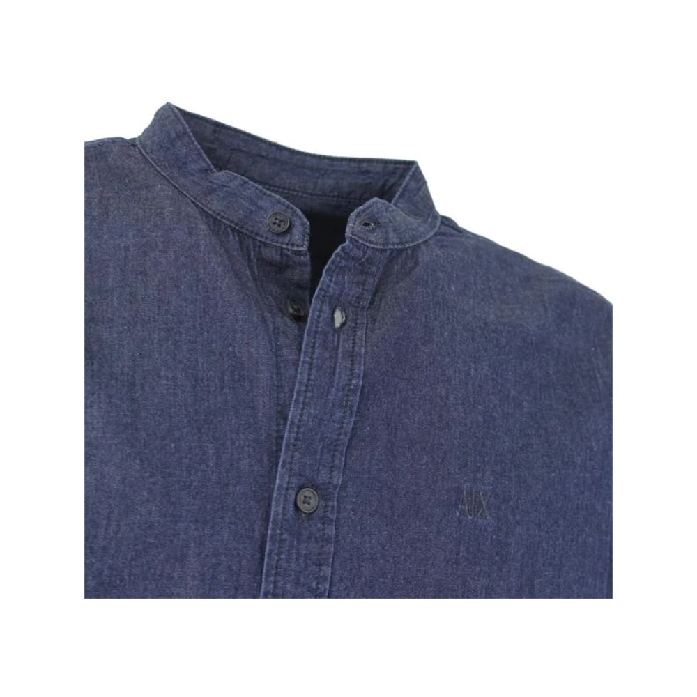 Armani Exchange Blauw Denim Overhemd met Koreaanse Kraag Blue Heren