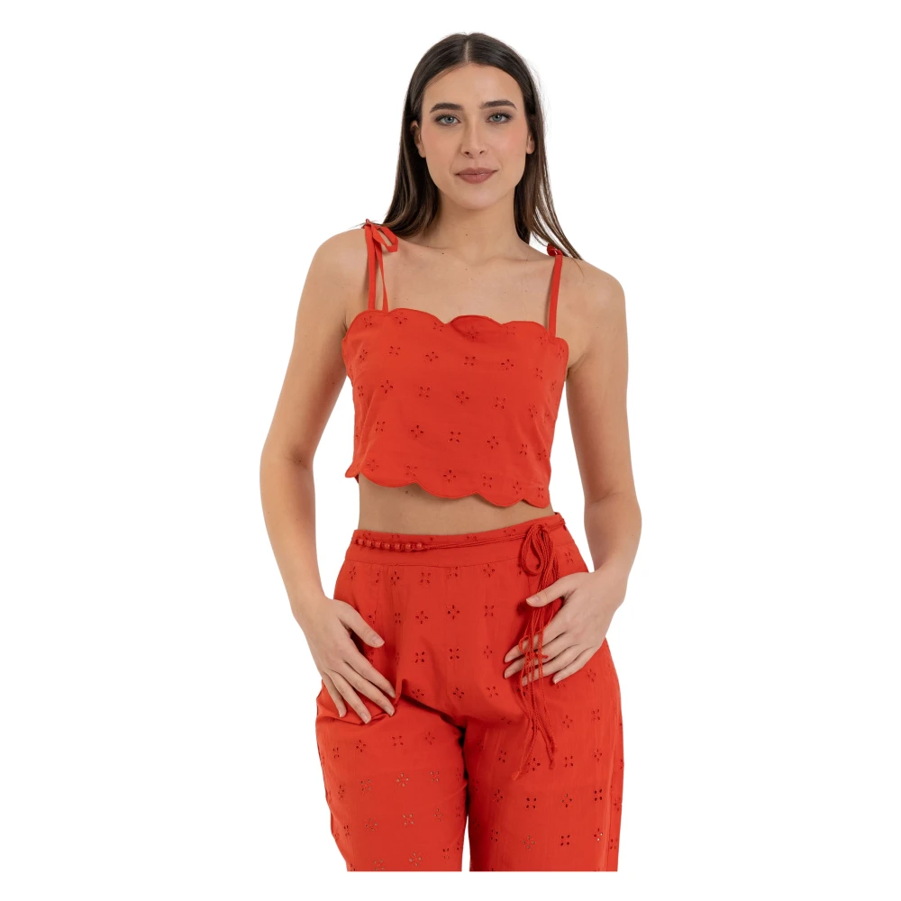 Kocca Red Sleeveless Tops, Female, Xl, Cotton Crop Top With Broderie Anglaise And Tie Straps