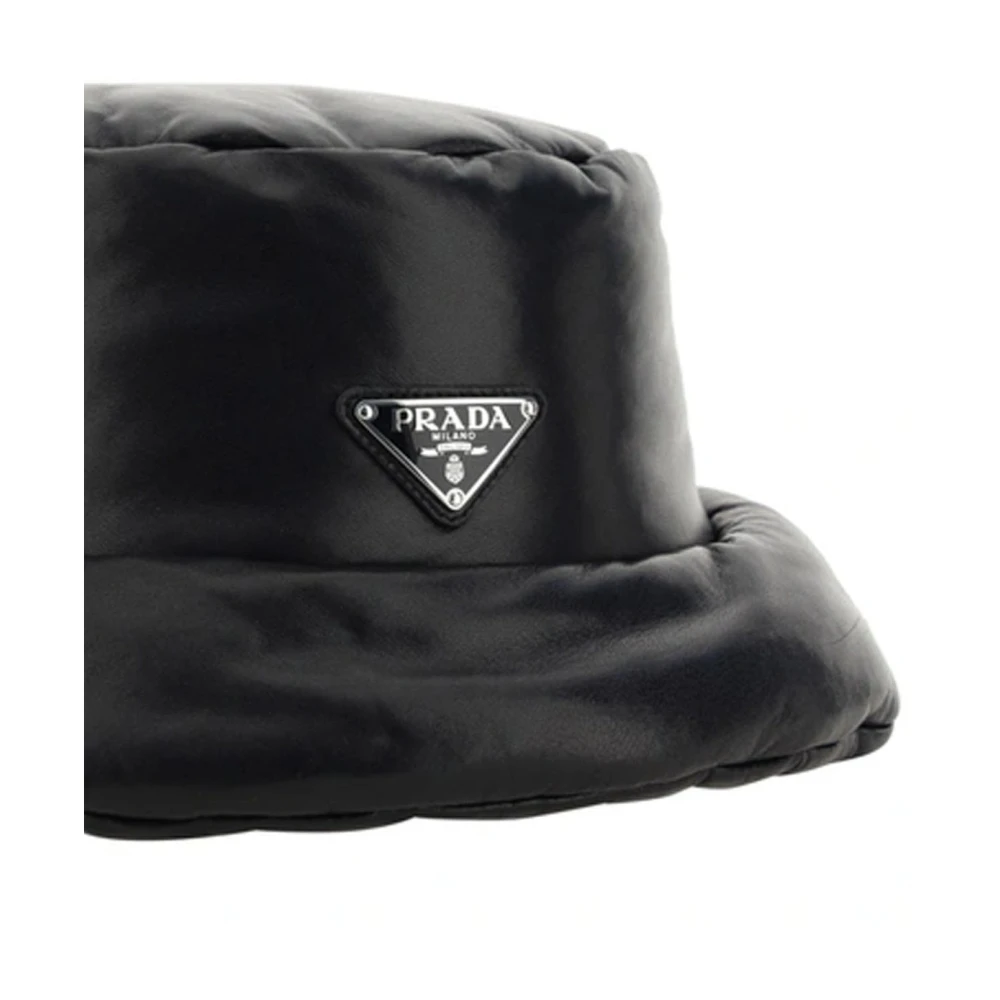 Prada Zwarte Leren Gewatteerde Logo Hoed Black Dames