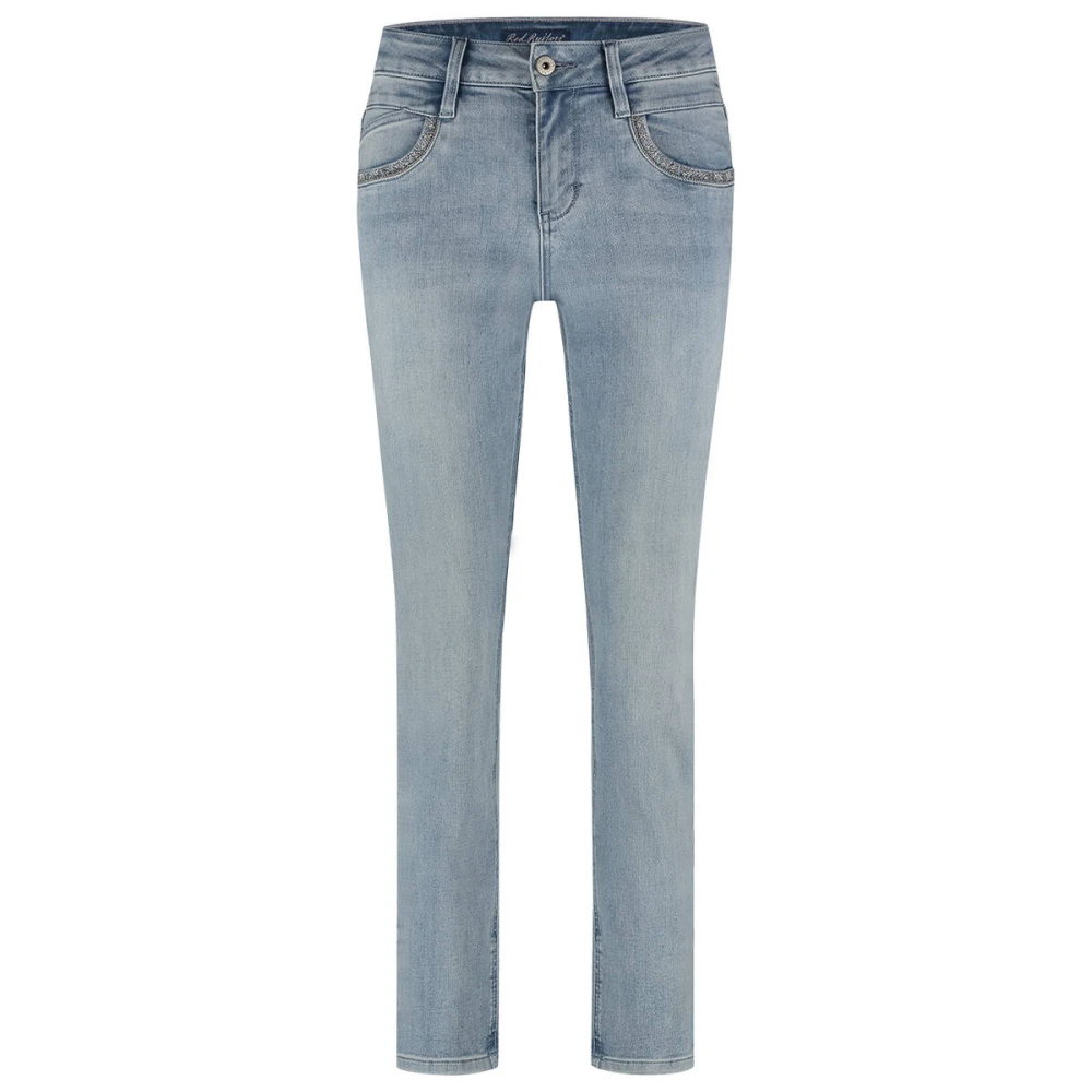 Red Button Bleach Beads Borduurwerk Stijlvolle Broek Blue Dames