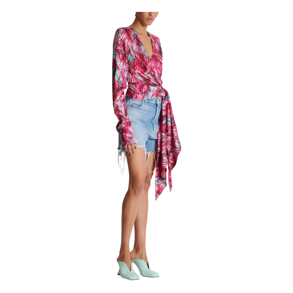 Balmain Verenprint satijnen wikkelblouse Pink Dames