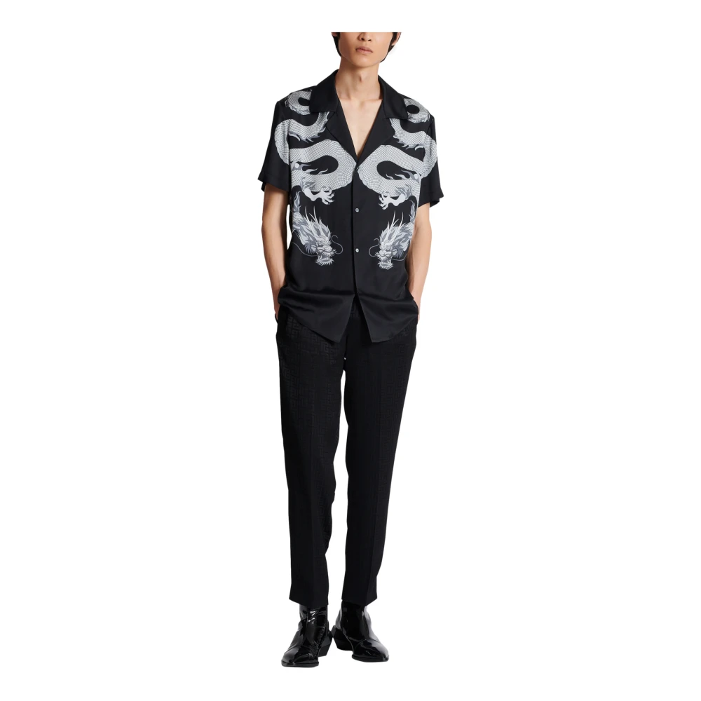 Balmain Korte satijnen overhemd met drakenprint Black Heren