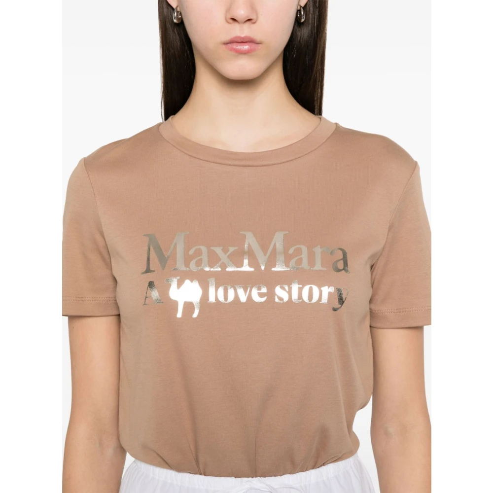 Max Mara Kameelbruine Crew Neck Logo Print T-shirt Brown Dames