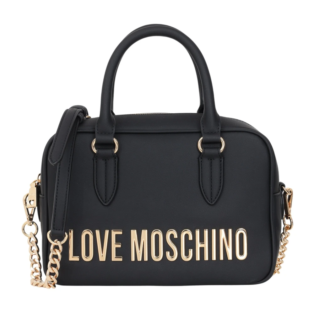 Love Moschino Zwarte dames tas met gouden lettering en kettingriem Black Dames