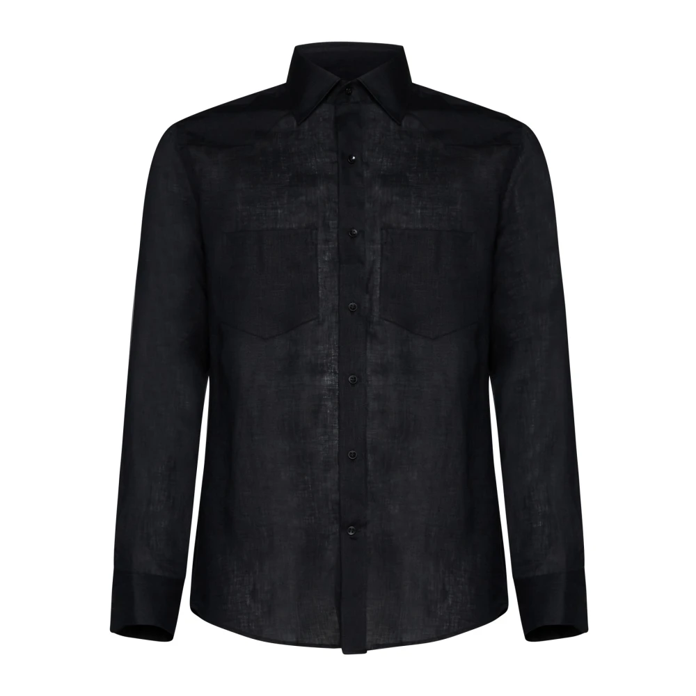 Low Brand Zwarte Linnen Overhemd met Designpanelen Black Heren