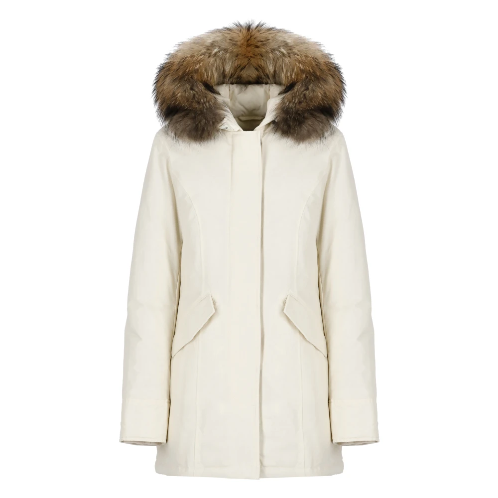 Woolrich Ivoor Tech Stof Parka met Afneembare Bont Capuchon White Dames