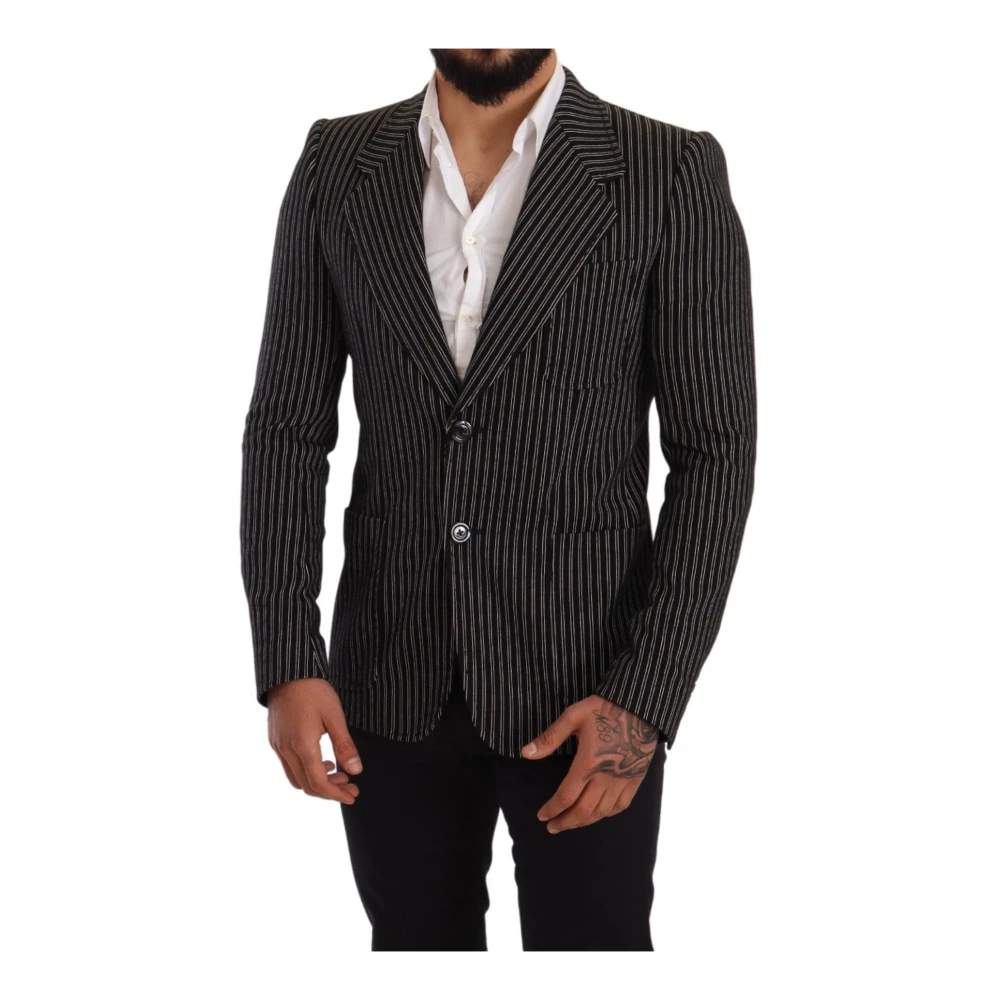 Dolce & Gabbana Zwart Gestreepte Slim Fit Wol Jas Blazer Black Heren