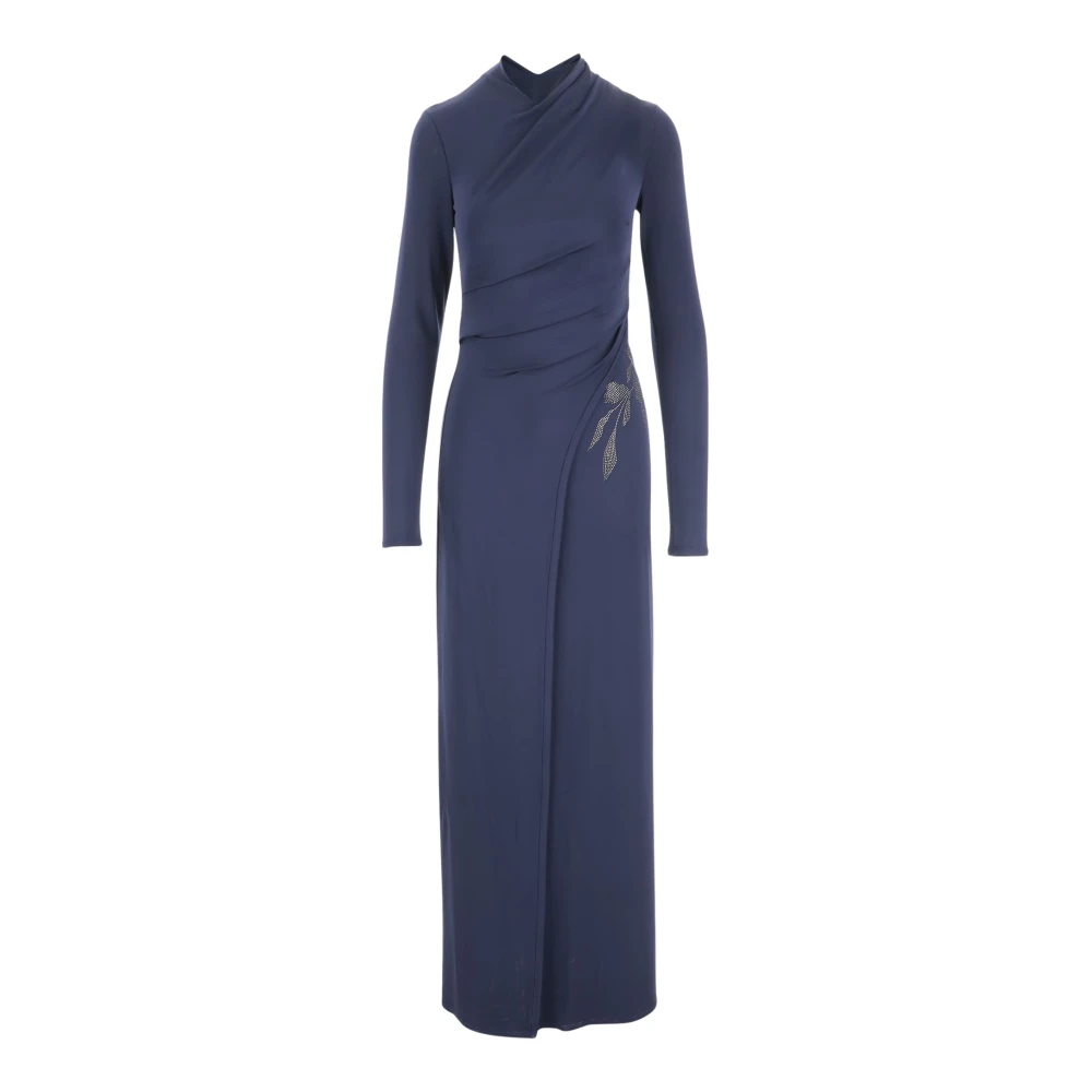 Giorgio Armani Navy Bloemen Geborduurde Maxi Jurk Blue Dames