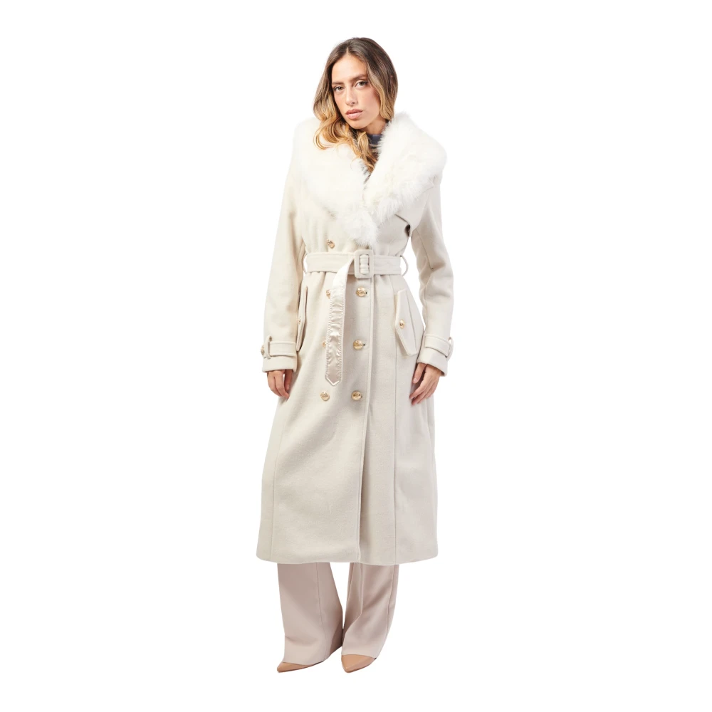 Fracomina Lange Reguliere Double-Breasted Jas met Riem Beige Dames