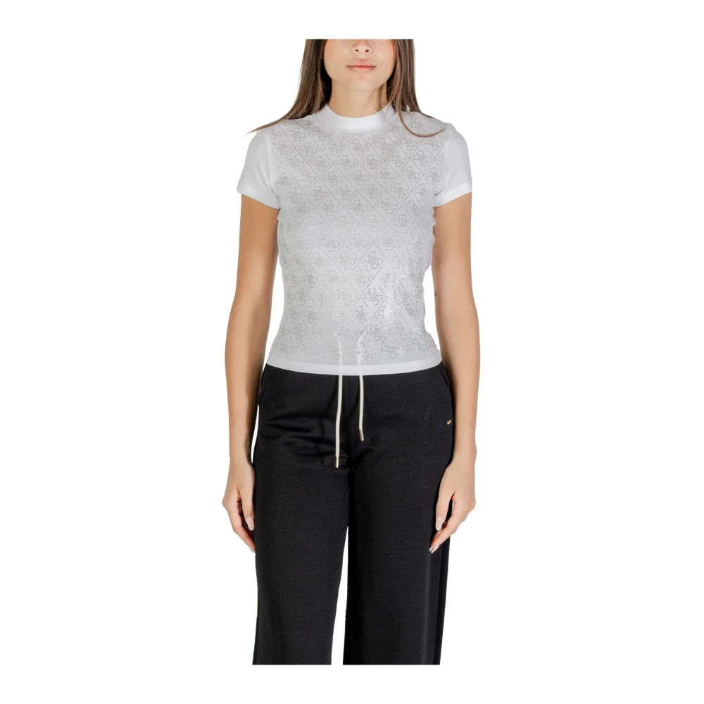 Guess Donna Bianco T-Shirt A Maniche Corte Con Collo A Lupetto Tinta Unita