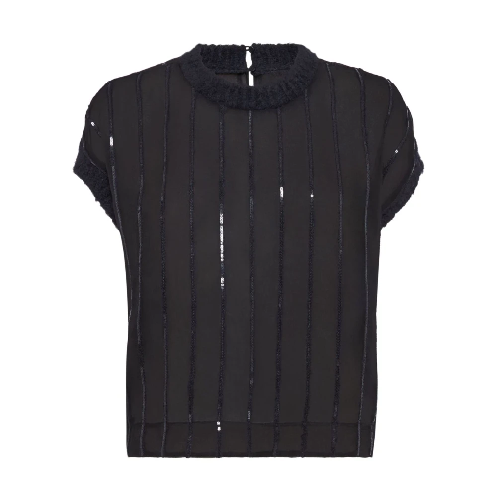 BRUNELLO CUCINELLI Zwarte Zijden Paillet Streep Shirt Black Dames