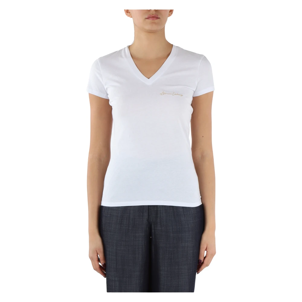 Armani Exchange Katoenen V-hals T-shirt met geborduurd logo White Dames