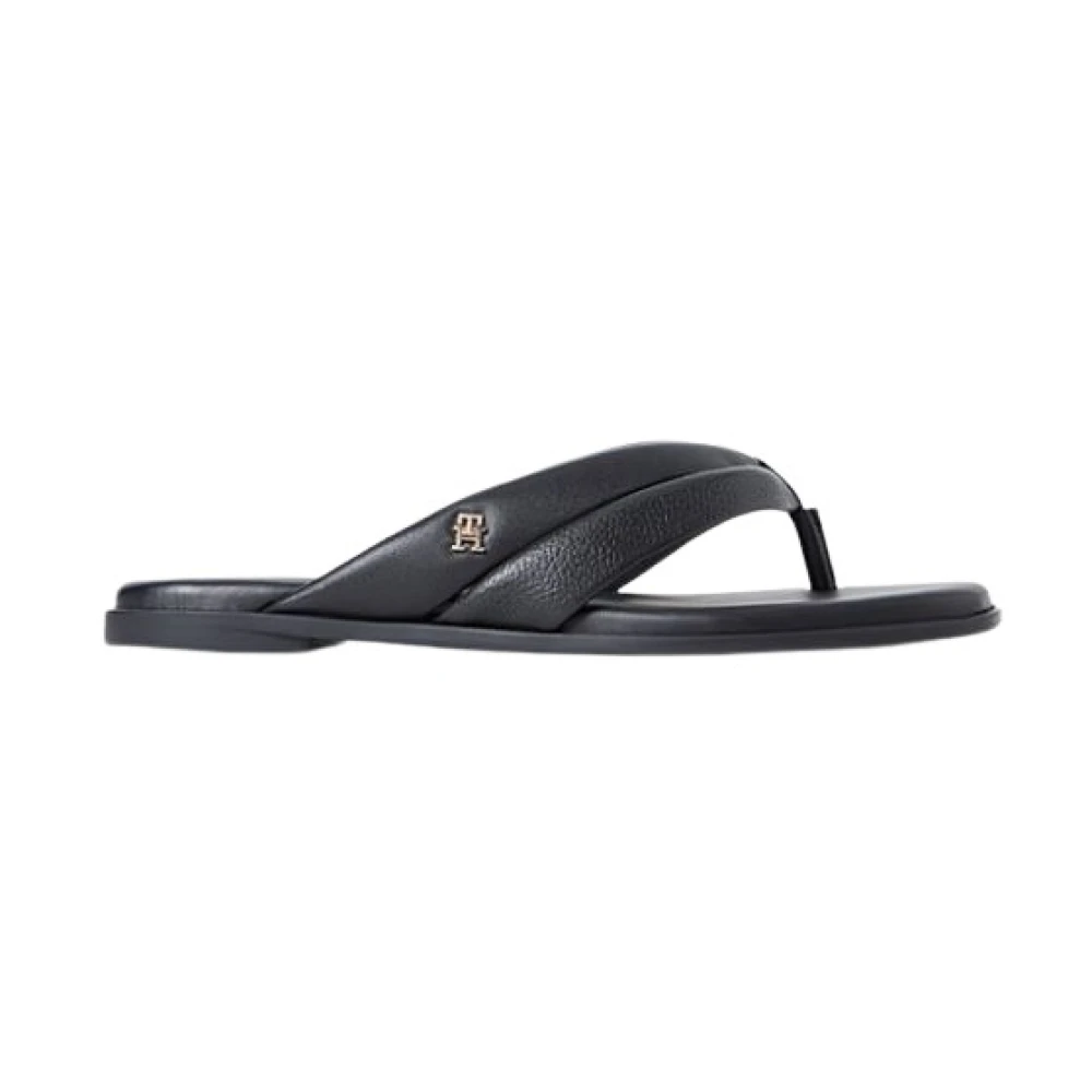 Tommy Hilfiger Women's Black Flip Flops, 3 Uk, Leather Toe Post Flat Sandals