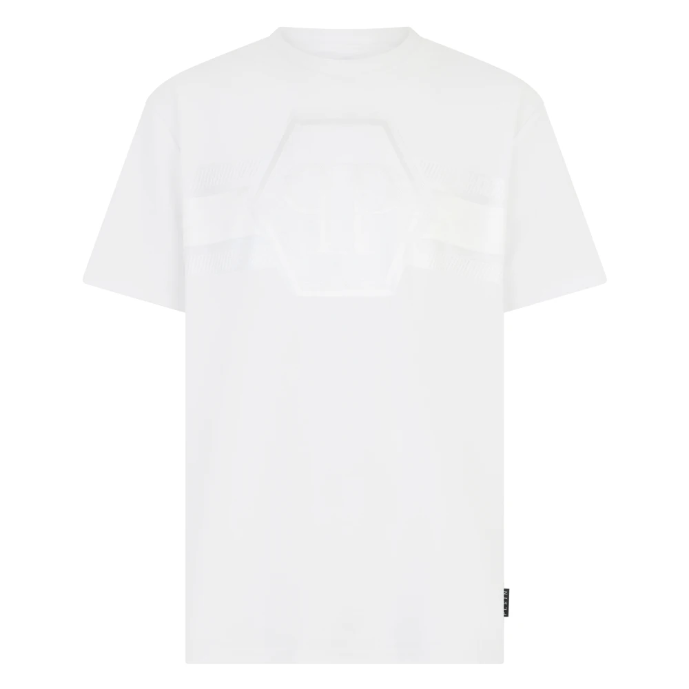 Philipp Plein Men's White T-Shirts, L, Round Neck T-Shirt Jacquard Hexagon Line