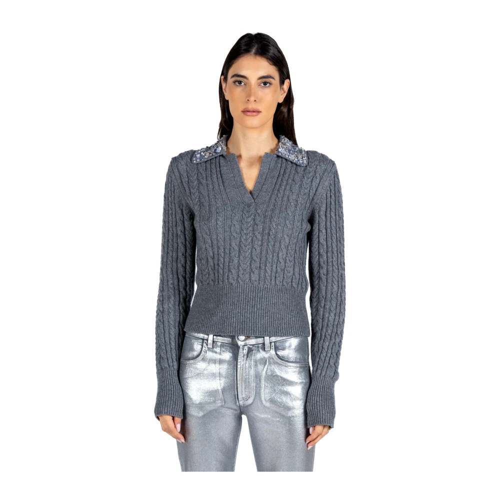 DES Phemmes Trui met strass kraag en kabelbreisel Gray Dames