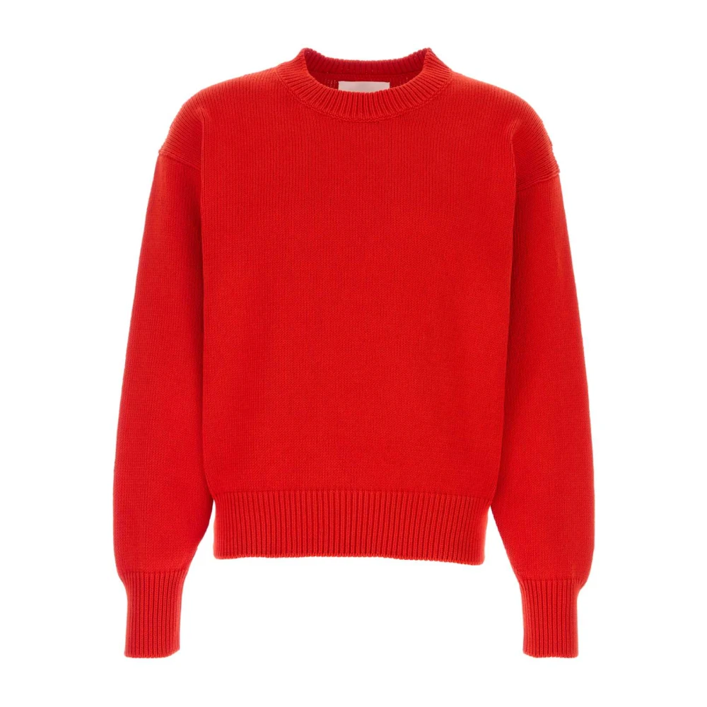 Jil Sander Men's Red Crewneck Cotton Jumper - Round-Neck Knitwear - M - Knitwear