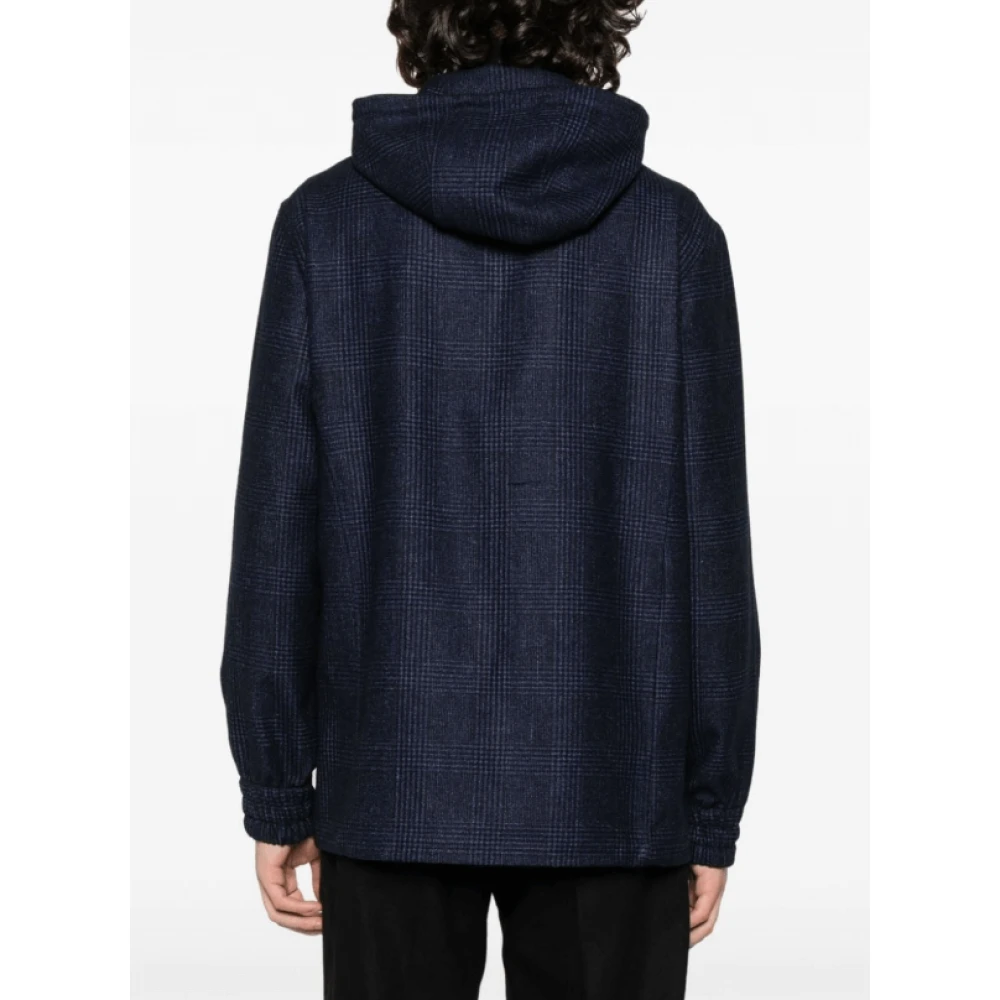 Kiton Geruite Check Hoodie Blue Heren