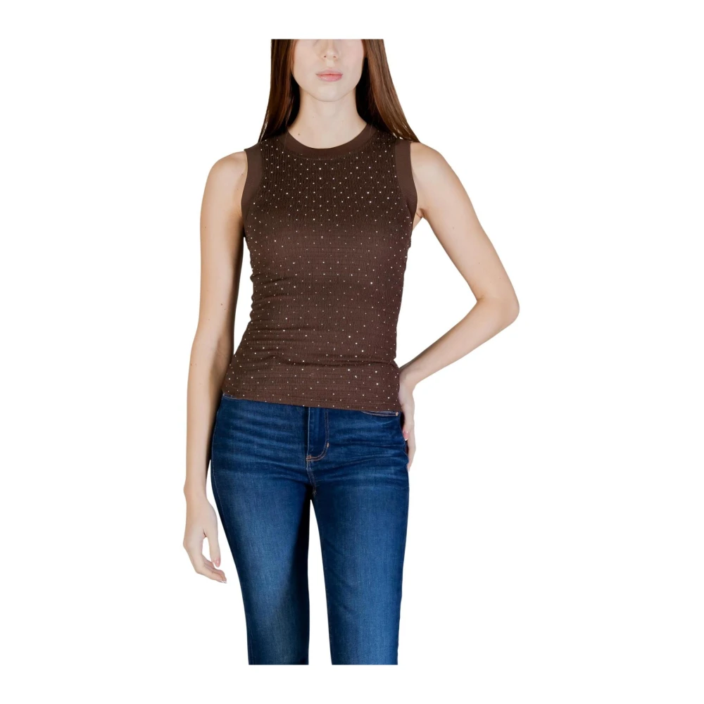 Guess Women's Brown Sleeveless Tops, L, Sleeveless Round Neck Tank Top