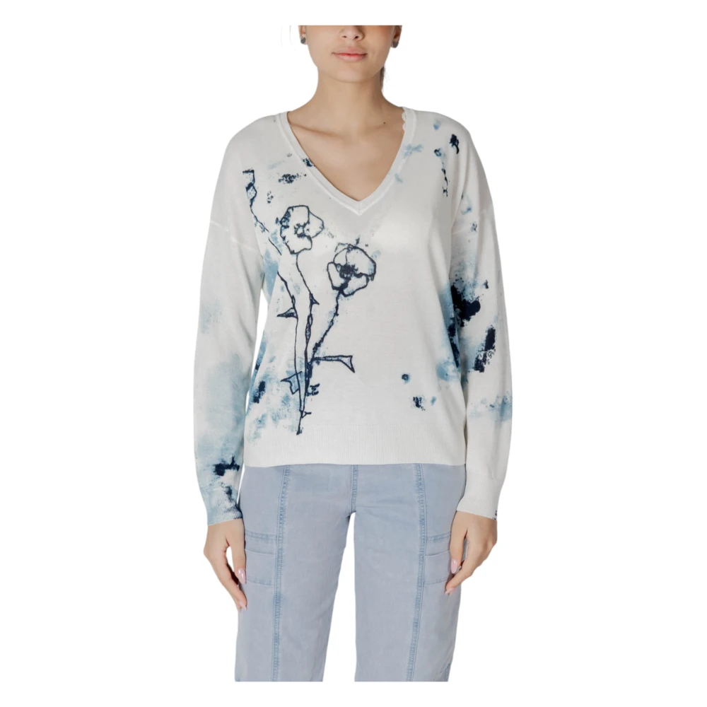 Desigual Bloemig V-hals Gebreid voor Vrouwen White Dames