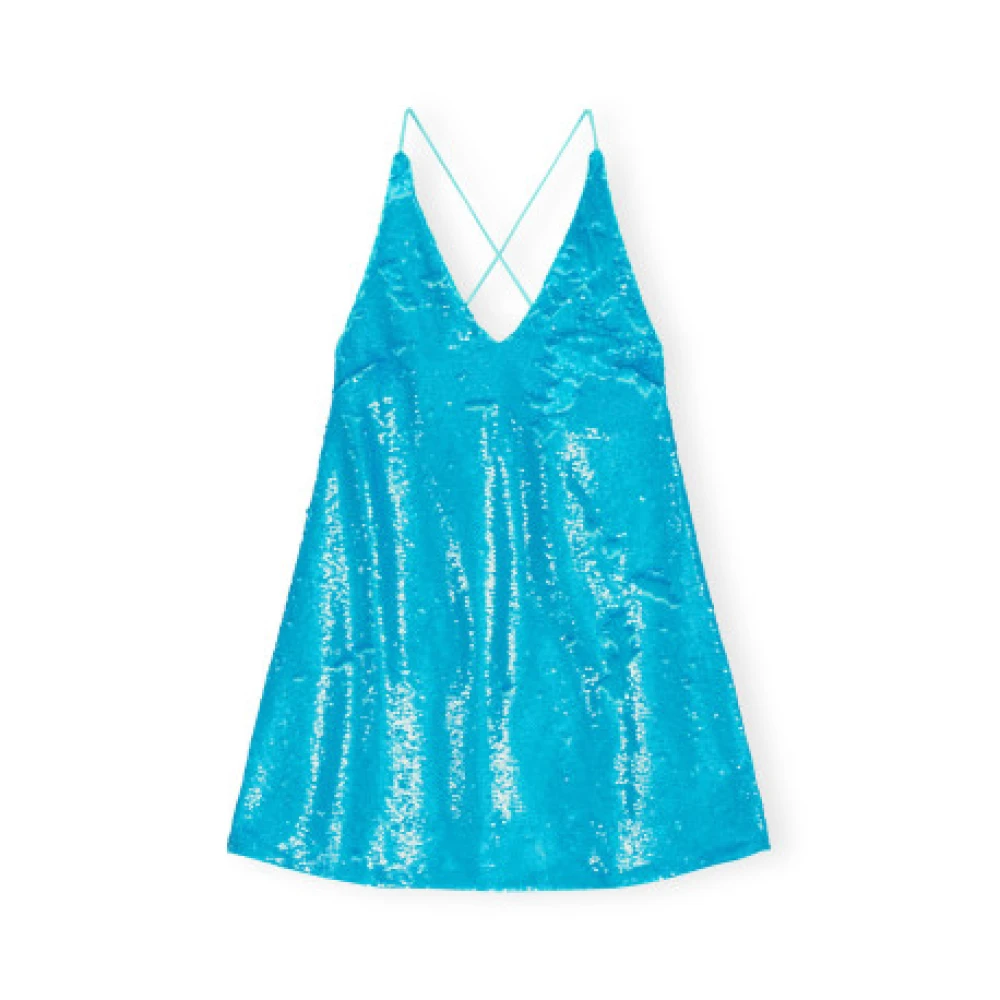 Ganni Blauwe Pailletten Mini Jurk met Bandjes Blue Dames