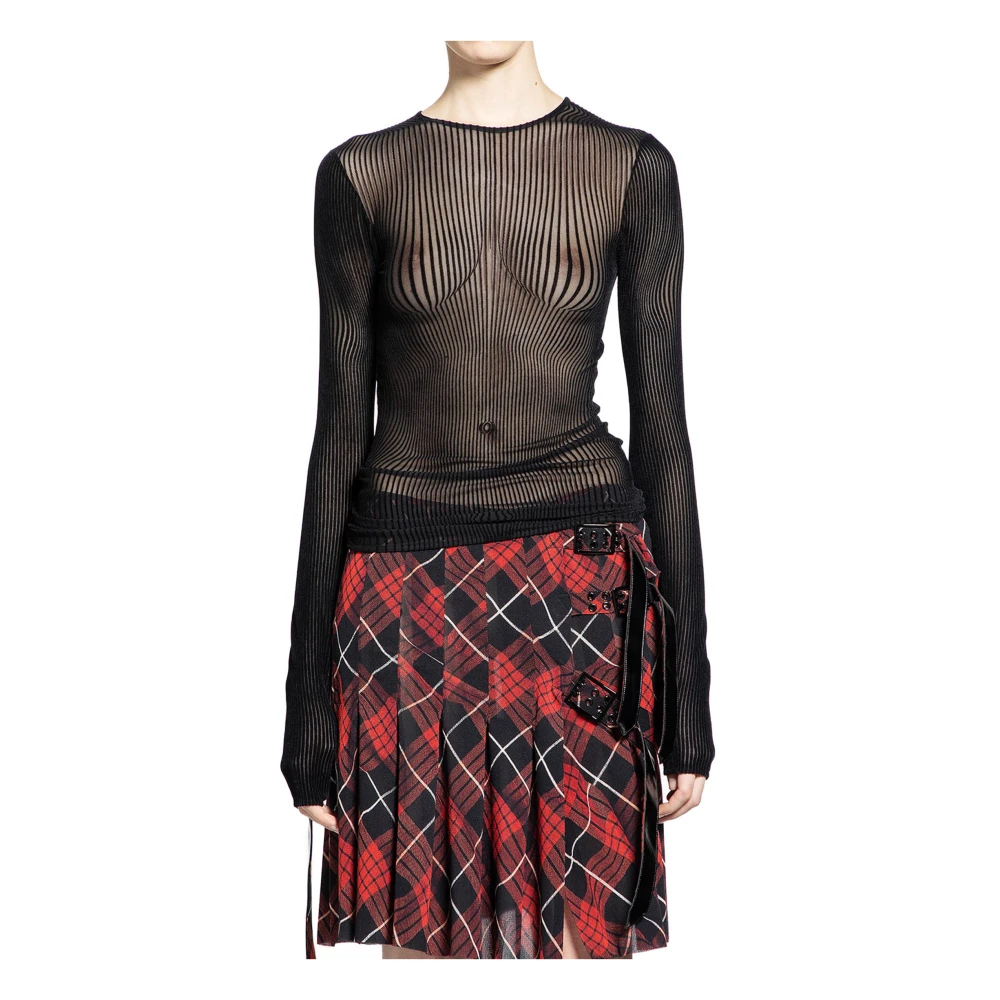 Jean Paul Gaultier Flocked Pinstripes Mesh Longsleeve Top Black Dames