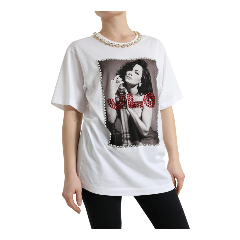 Dolce & Gabbana Kristalversierde Bedrukte Tee White Dames