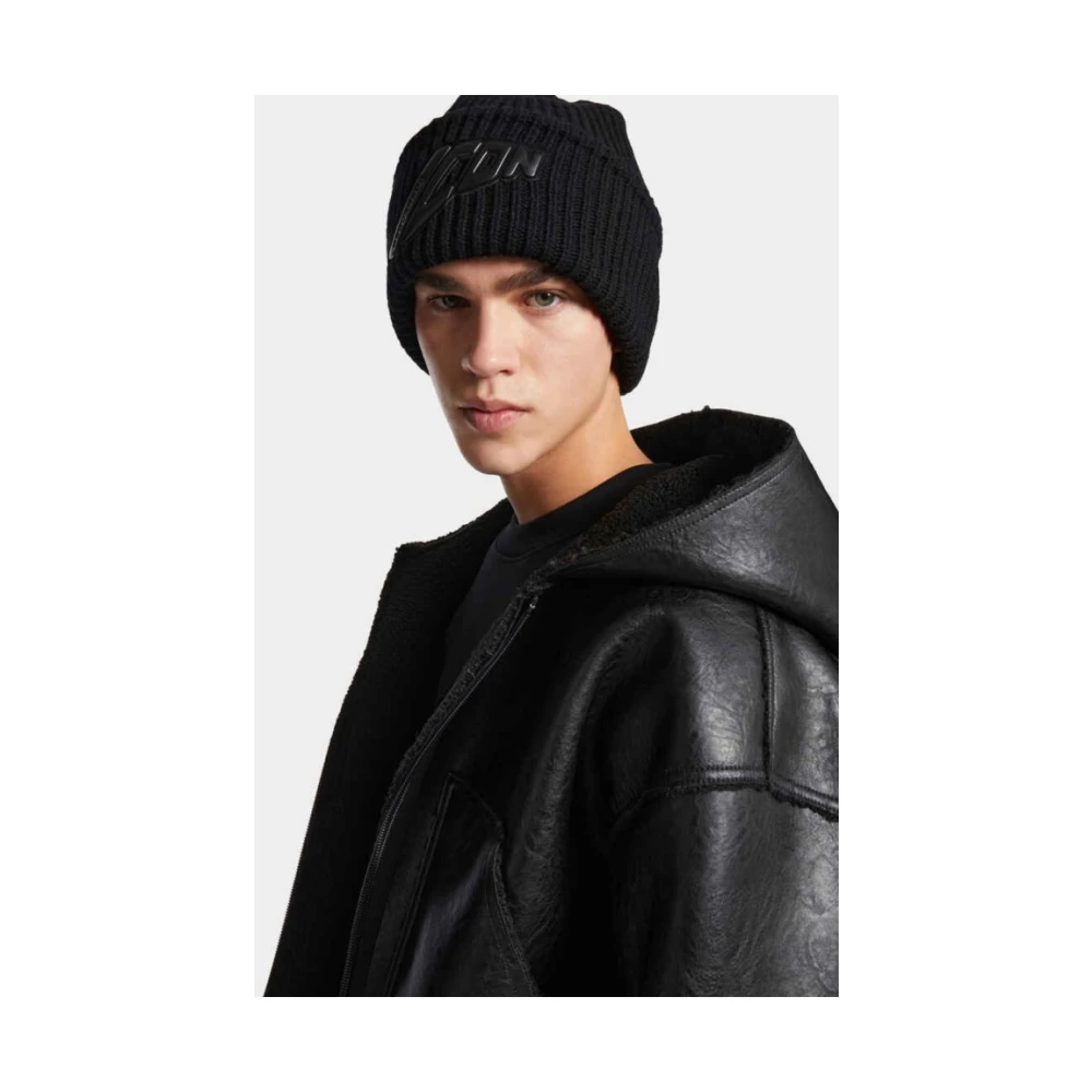 Dsquared2 Icon Wol Beanie Muts Ribbel Logo Black Heren