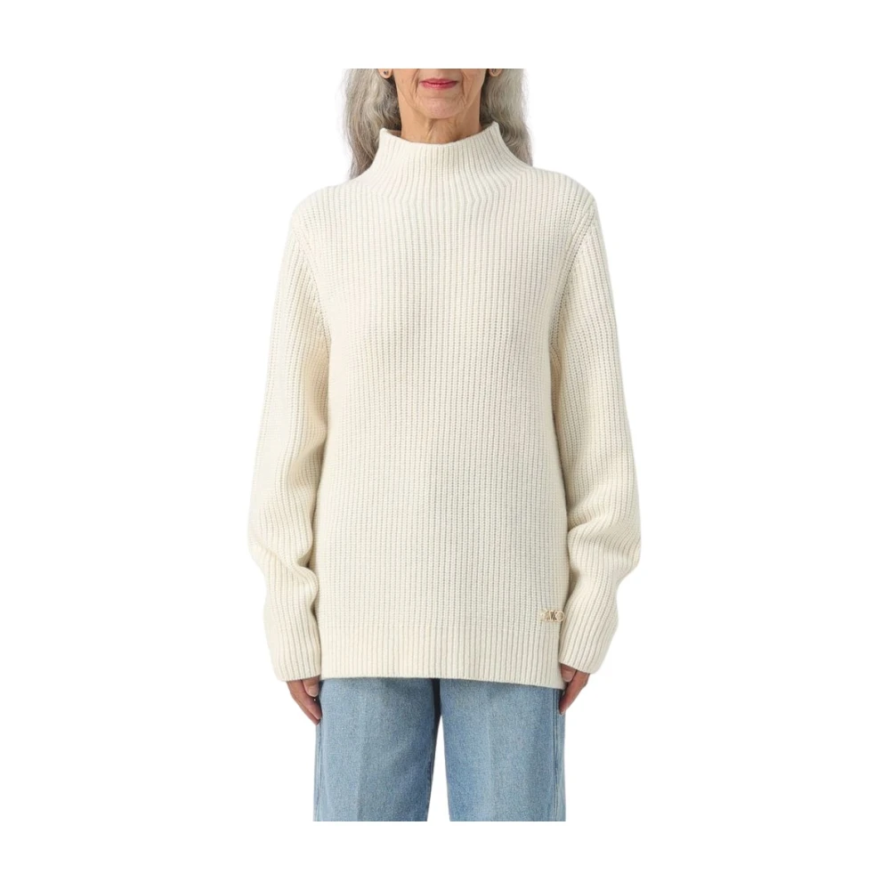 Michael Kors Women's White Turtlenecks, M, Bicolor Merino Wool Sweatshirt