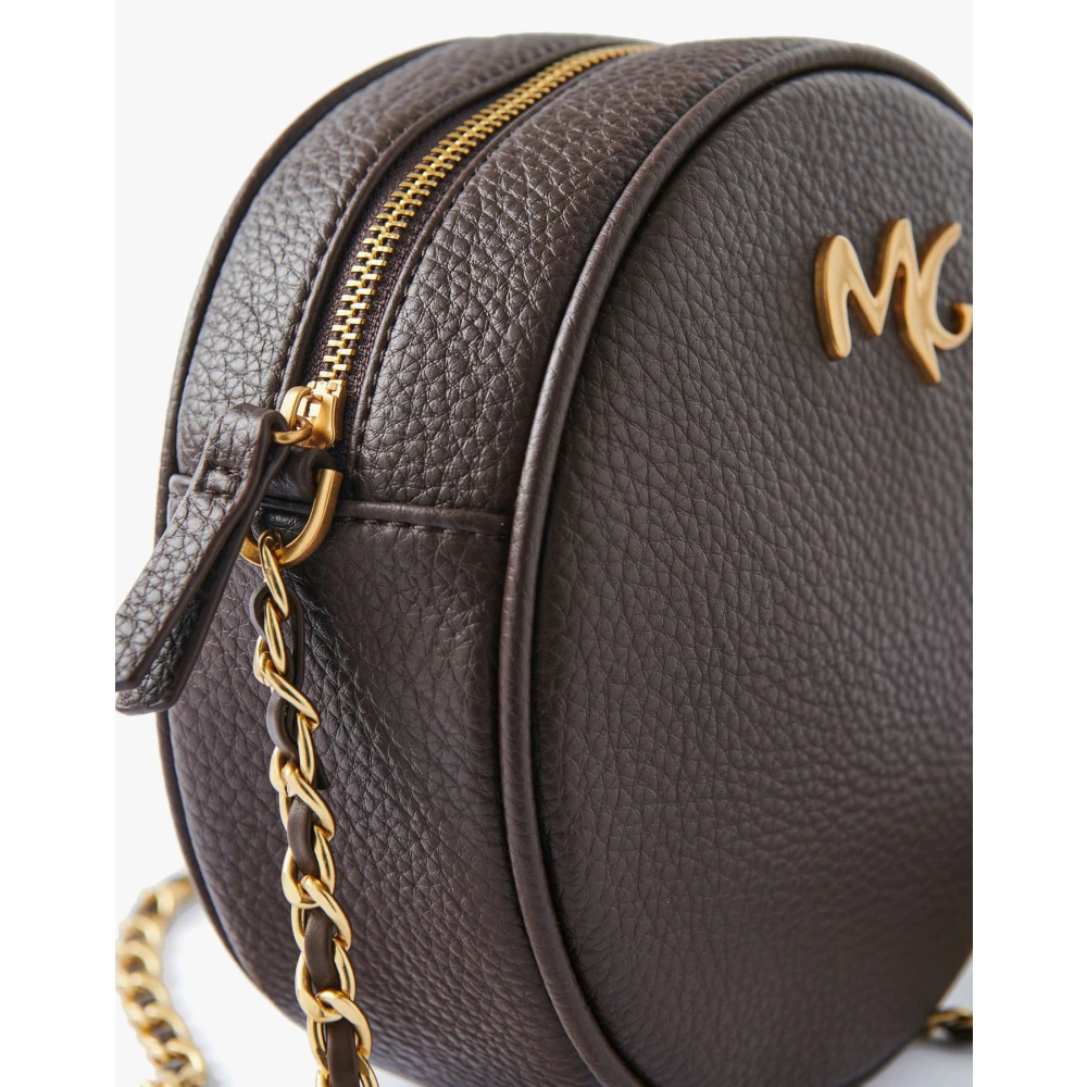 Manila Grace Mini ronde eco-leren tas met afneembare kettingriem 3D-logo en gouden accenten Brown Dames