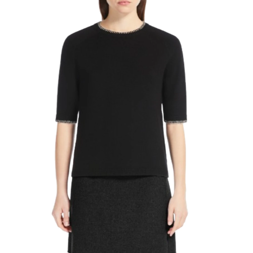 Max Mara Zwarte Trui Rechte Lijn Geborduurd Black Dames