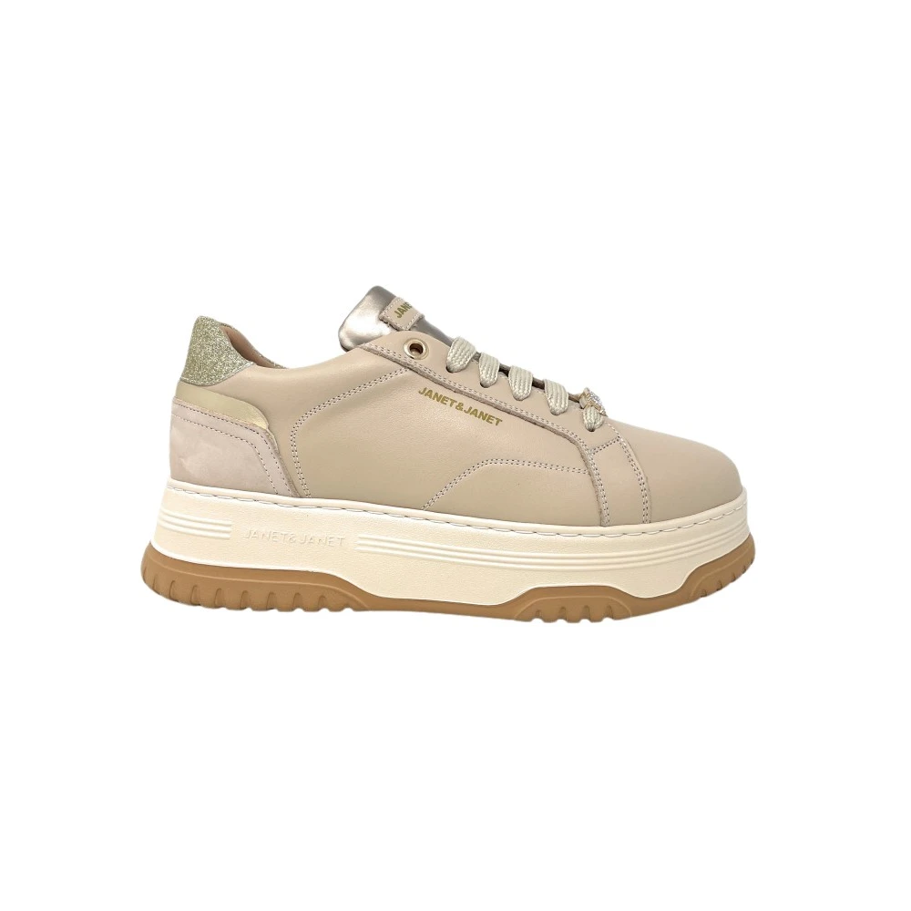 Janet & Janet Leren Sneakers met Strass Logo Dames Schoenen Beige