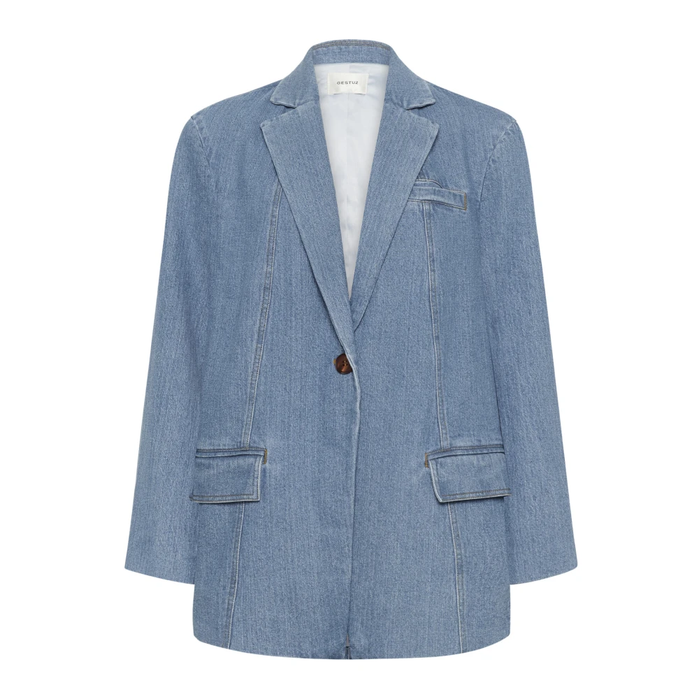 Gestuz Blauwe Gewassen Blazer Jas met Klepzakken Blue Dames