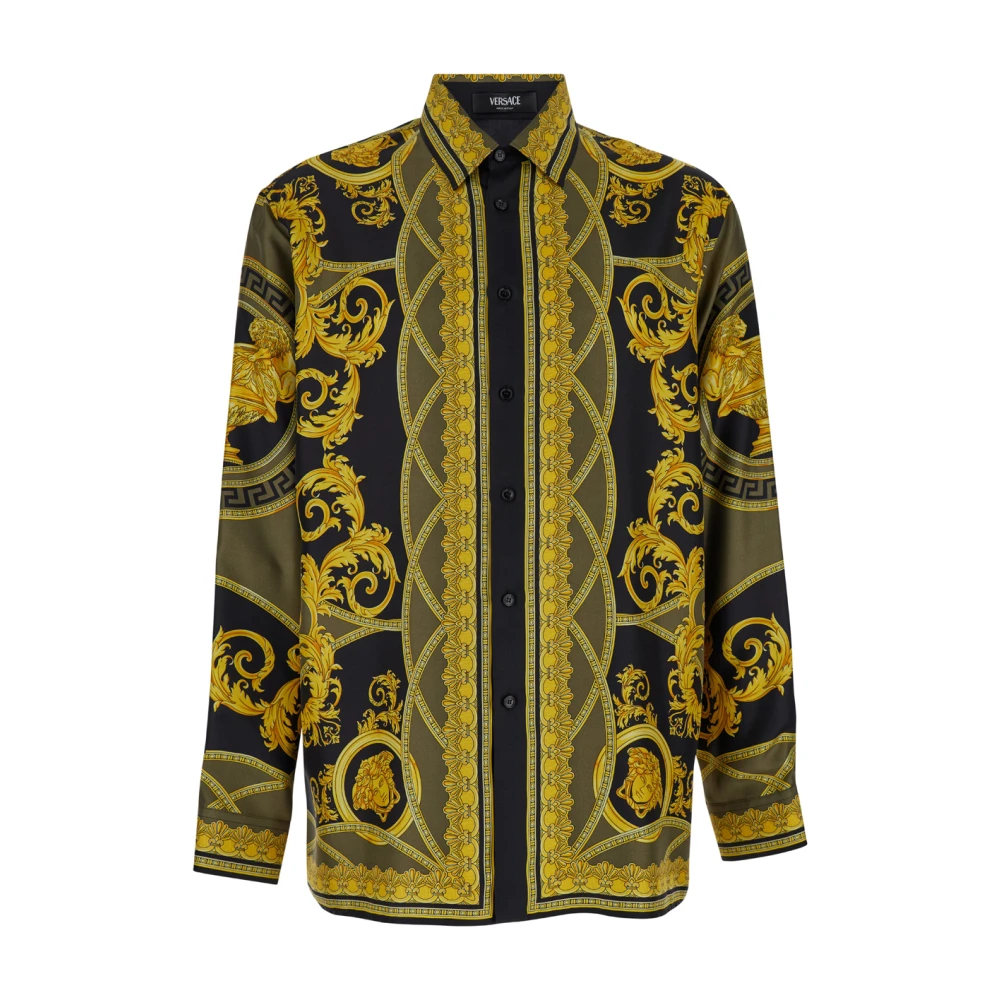 Versace Zwarte Zijden Overhemd Puntkraag Multicolor Heren