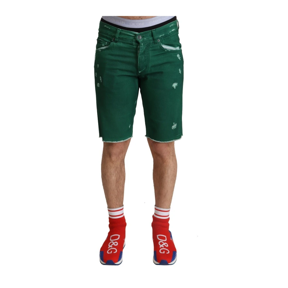 Dolce & Gabbana Men's Green Tattered Cotton Denim Bermuda Shorts