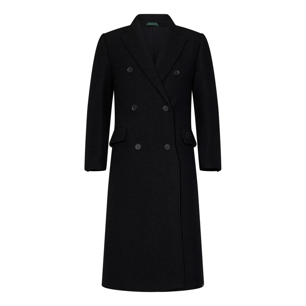 Lacoste Zwarte Bouclé Wollen Double-Breasted Jas Black Dames