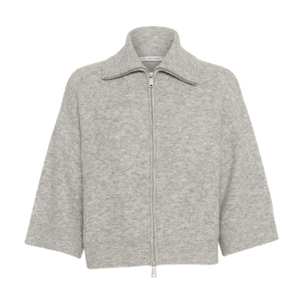 Gestuz Gray Light Grey Melange Cardigan With ¾ Sleeves - Female - Cardigans - M - Knitwear