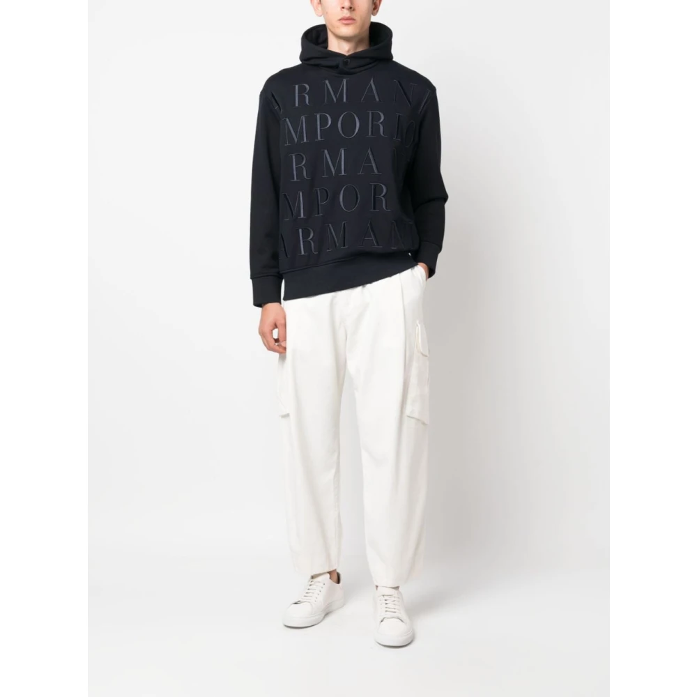 Emporio Armani Blauwe Logo-Geborduurde Katoenen Hoodie Blue Heren