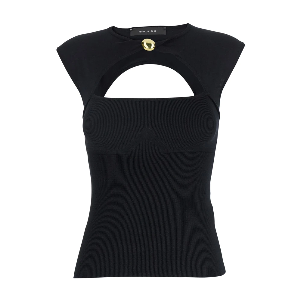 Federica Tosi Zwarte Top met Juweel Detail in Viscose Mix Black Dames