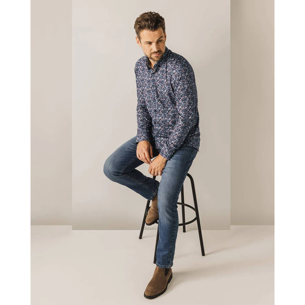State of Art Print Knitt Overhemd Lange Mouw Blue Heren