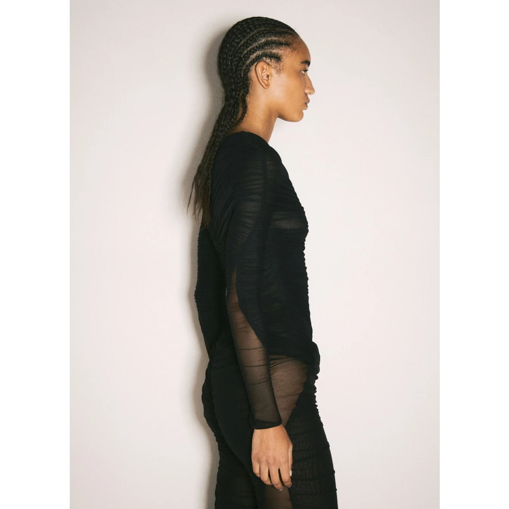 Mugler Geplooide Bodysuit met Lange Mouwen en Semi-Transparant Black Dames