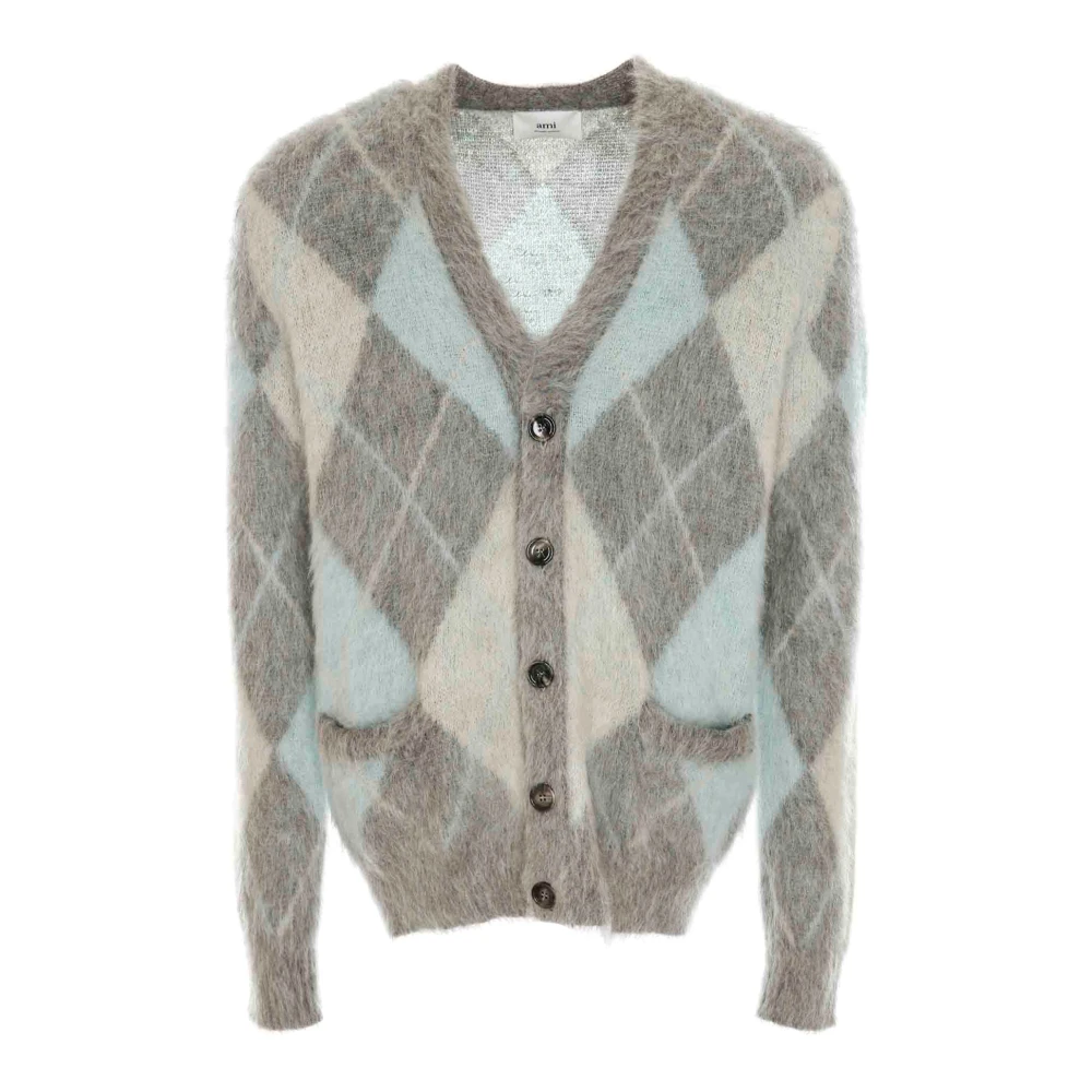 Ami Paris Argyle Jacquard gebreide Cardigan Gray Heren