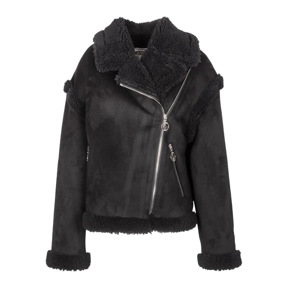 Moschino Ecomontone jas met vredessymbool rits Black Dames